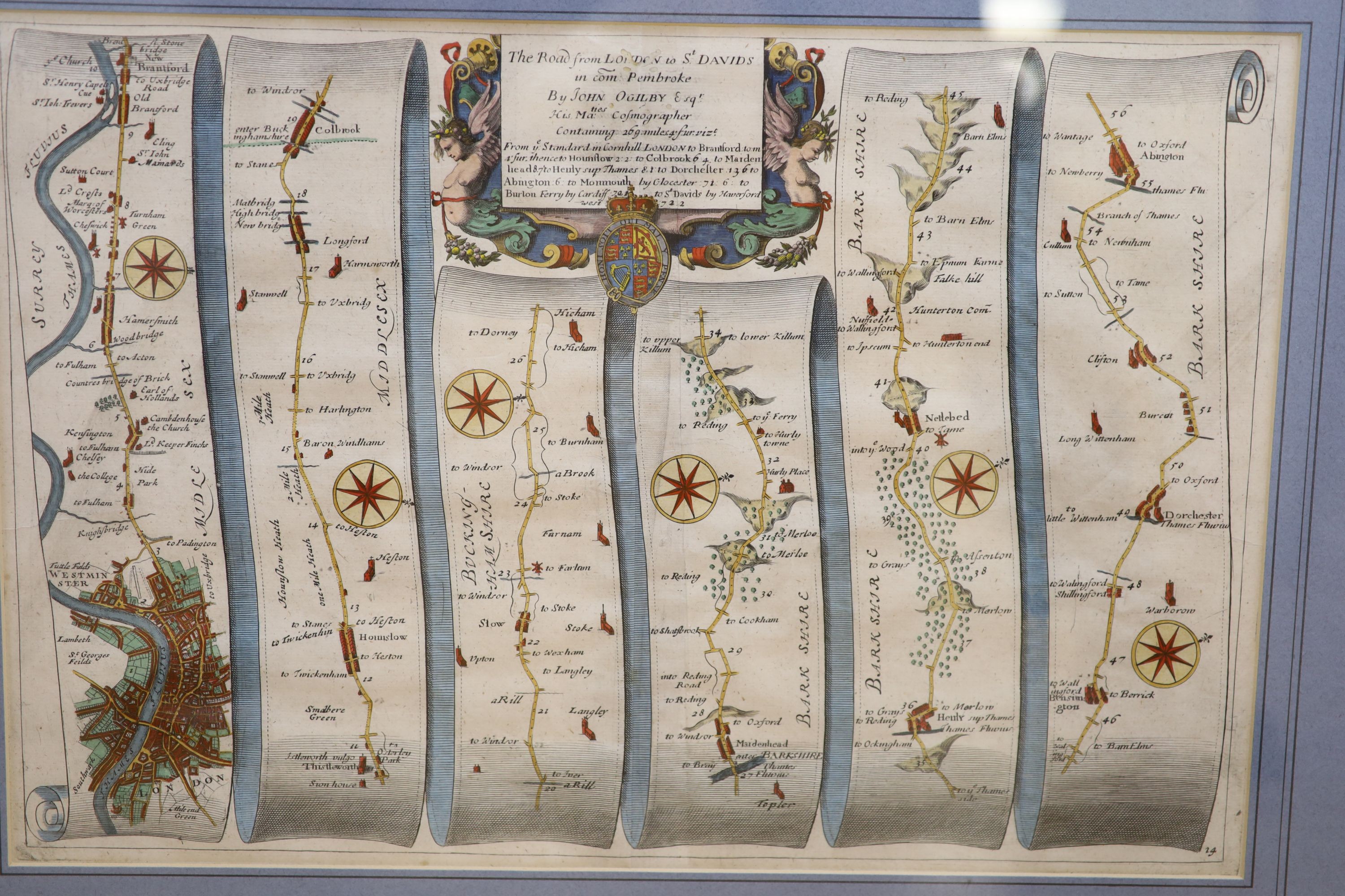 John Ogilby two coloured engraved road maps; Exeter to Truroe and Oxford to St Davids, 30 x 45cm.